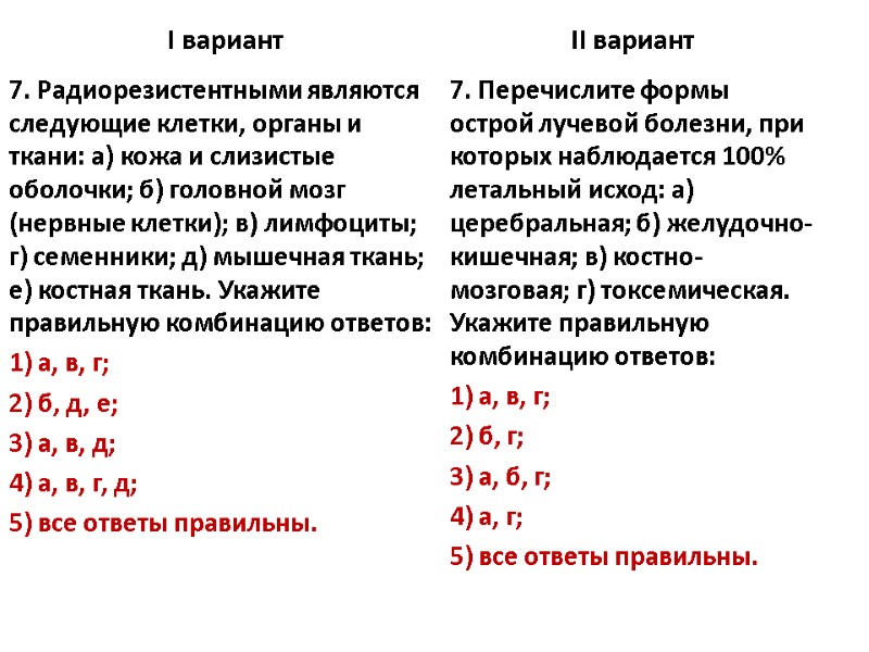 I вариант 7. Радиорезистентными являются следующие клетки, органы и ткани: а) кожа и слизистые